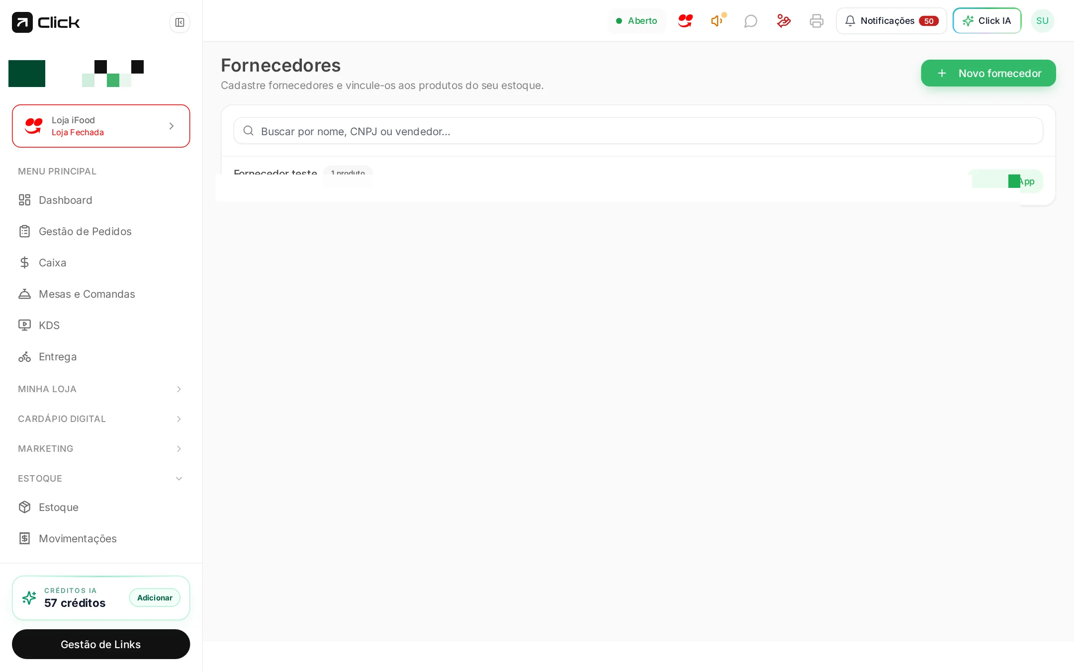 Tela de cadastro de fornecedores