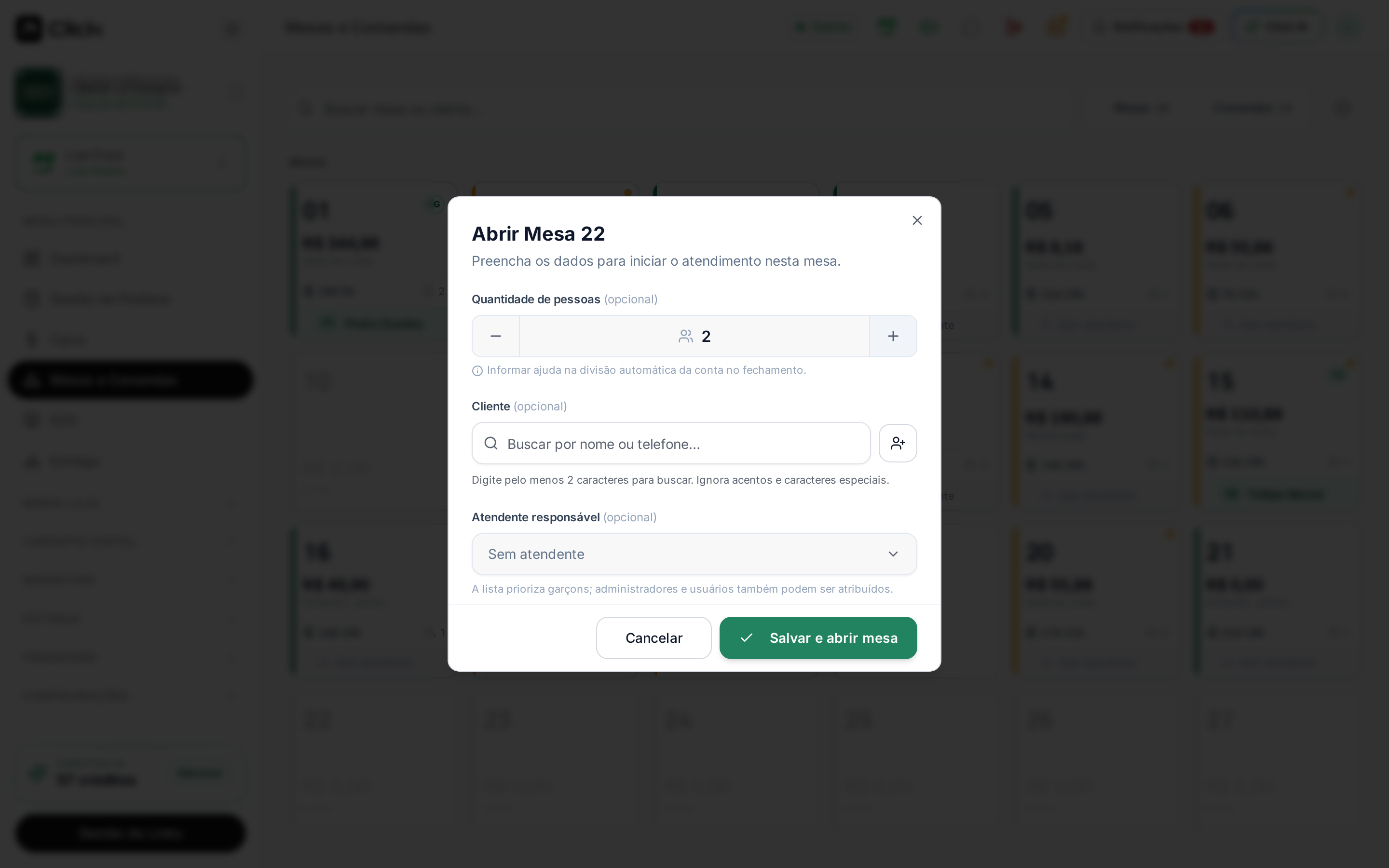 Modal Abrir Mesa com quantidade de pessoas, cliente e atendente responsável