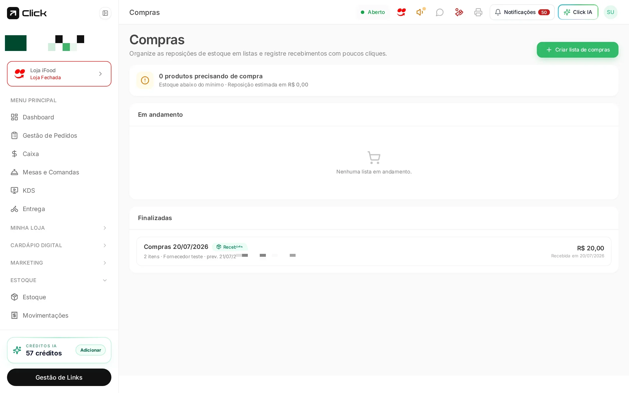 Compras com produtos precisando de reposição e histórico de listas