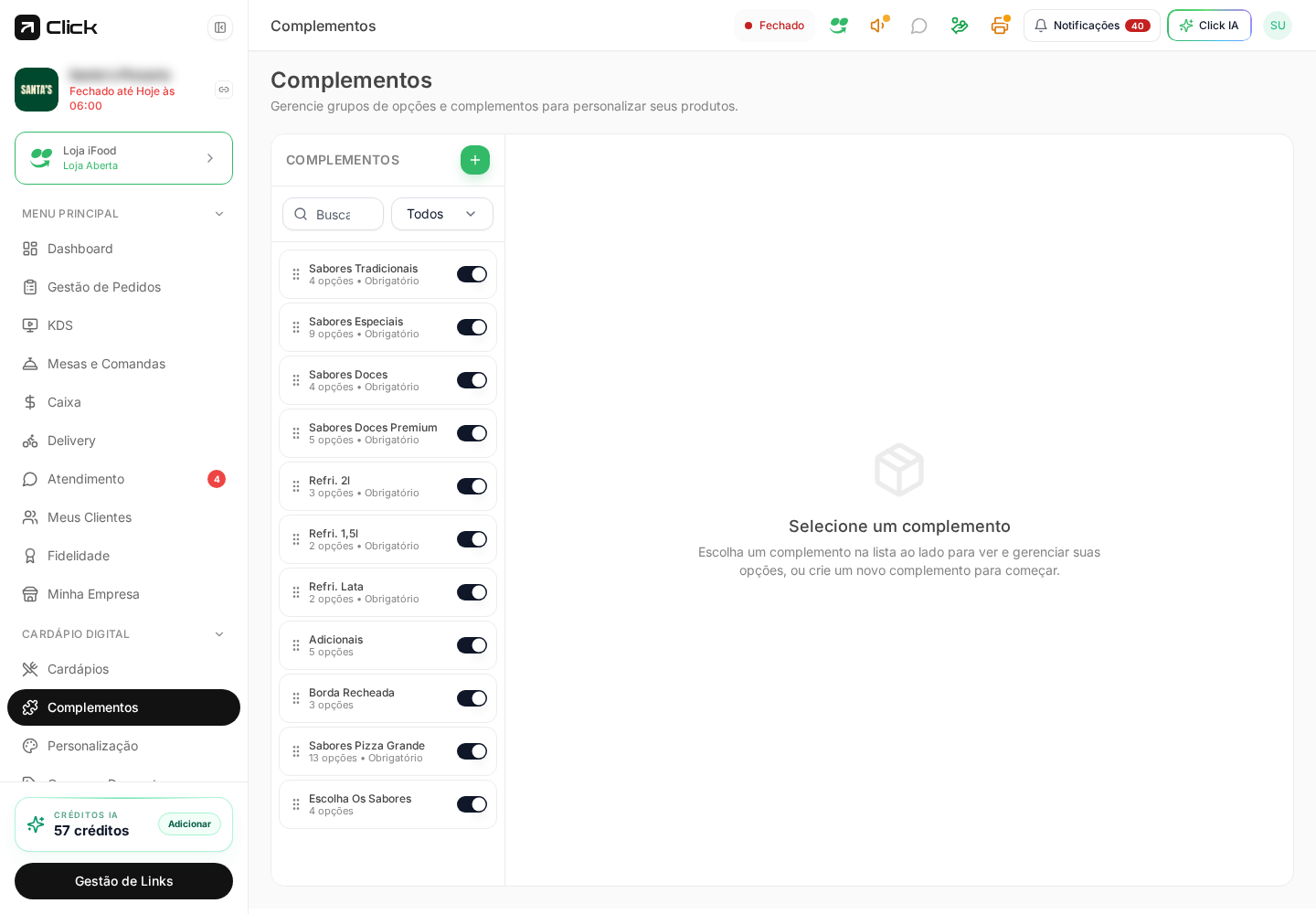 Tela de complementos