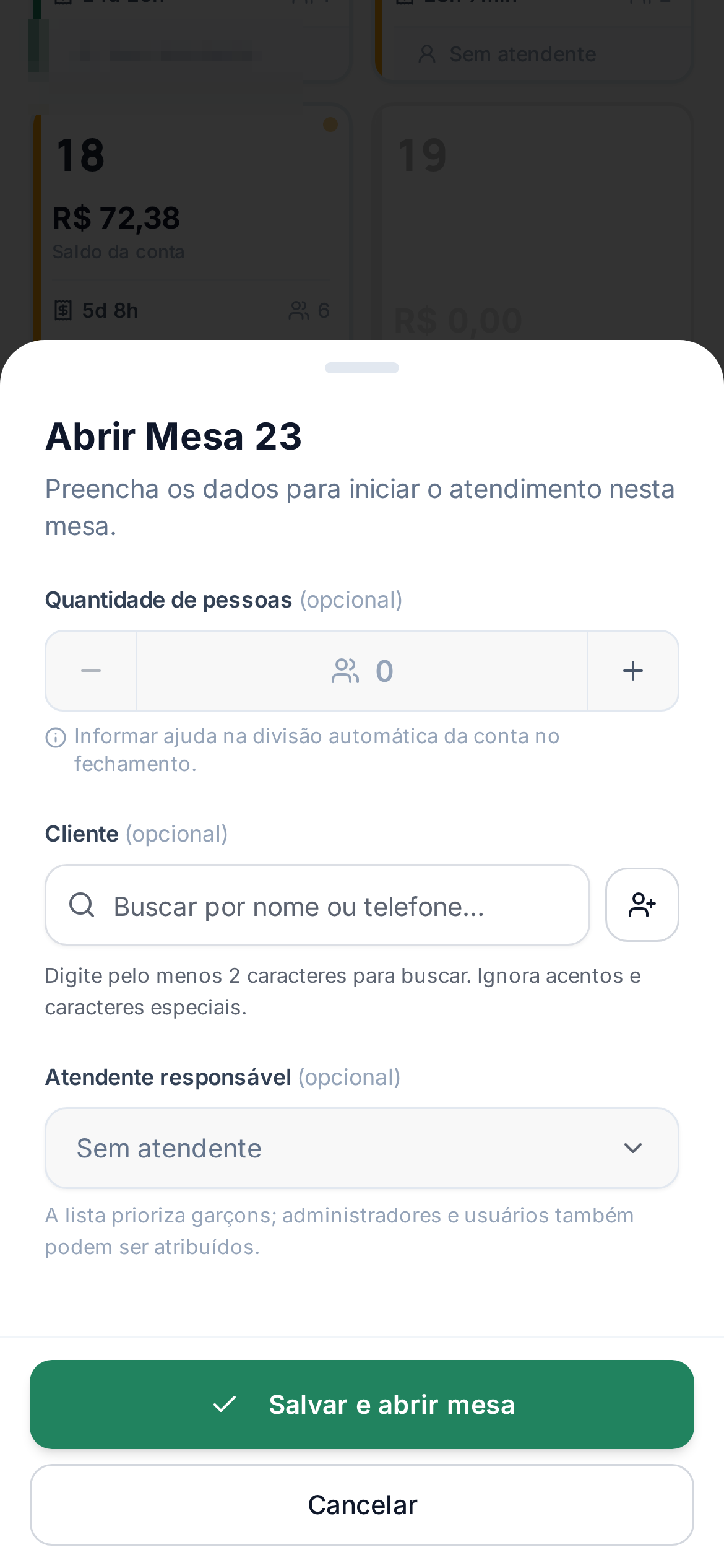 Abertura de mesa pelo celular com quantidade de pessoas e cliente