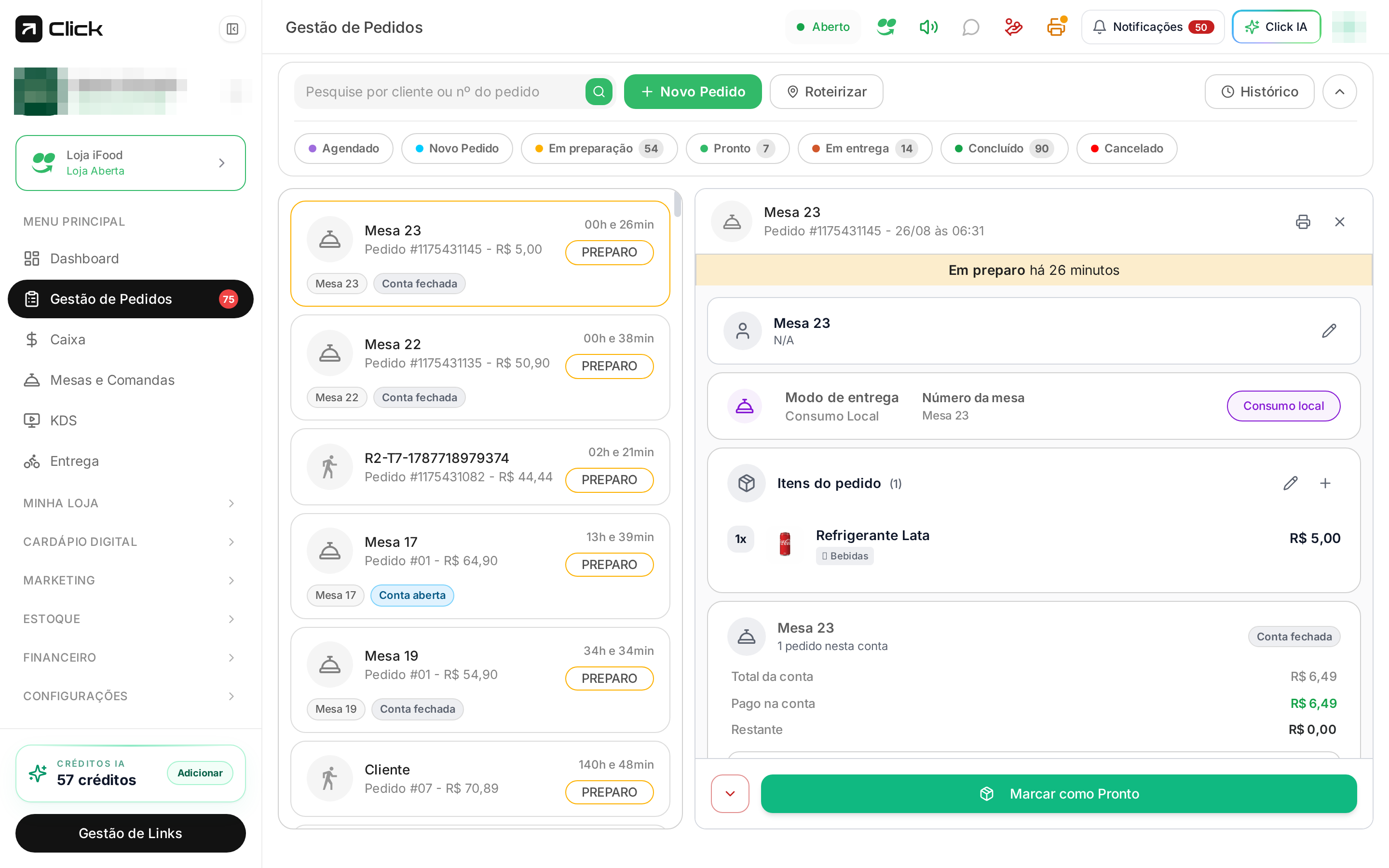 Detalhe do pedido aberto com itens, modo de entrega e resumo de valores