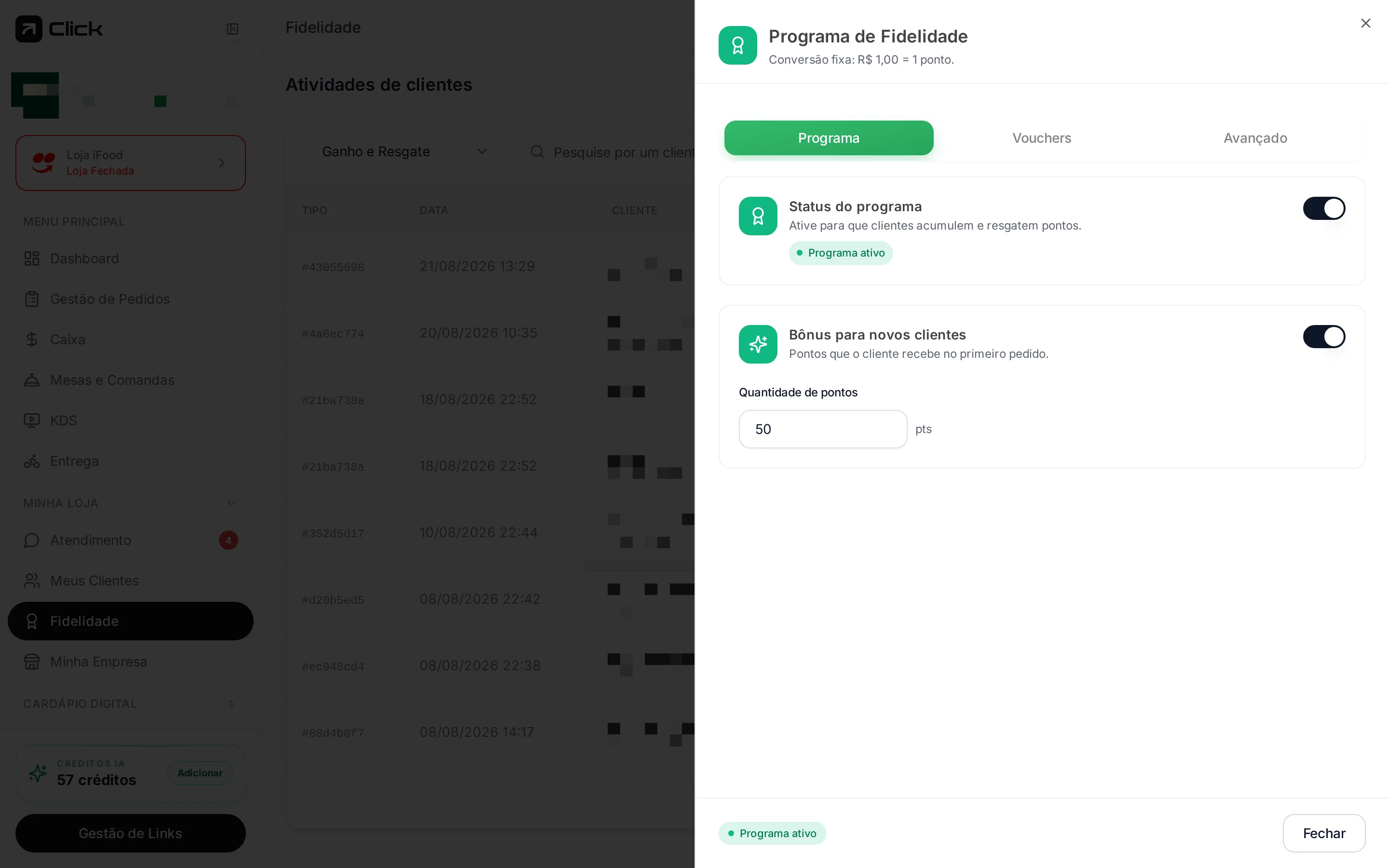 Painel do Programa de Fidelidade com conversão fixa e bônus