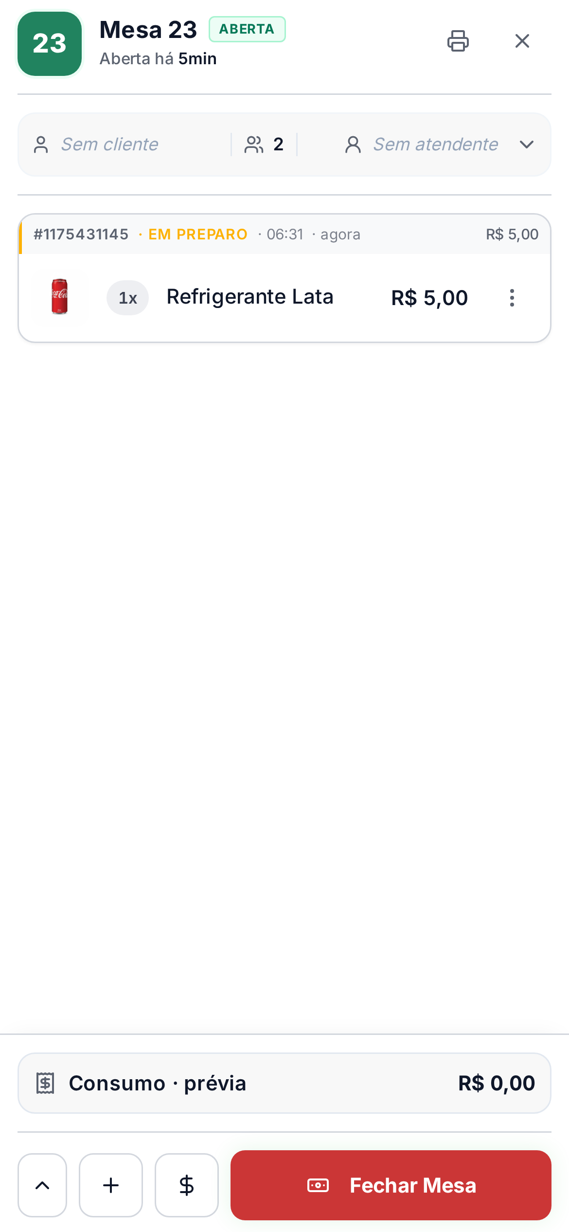 Item lançado aparecendo na conta da mesa no celular