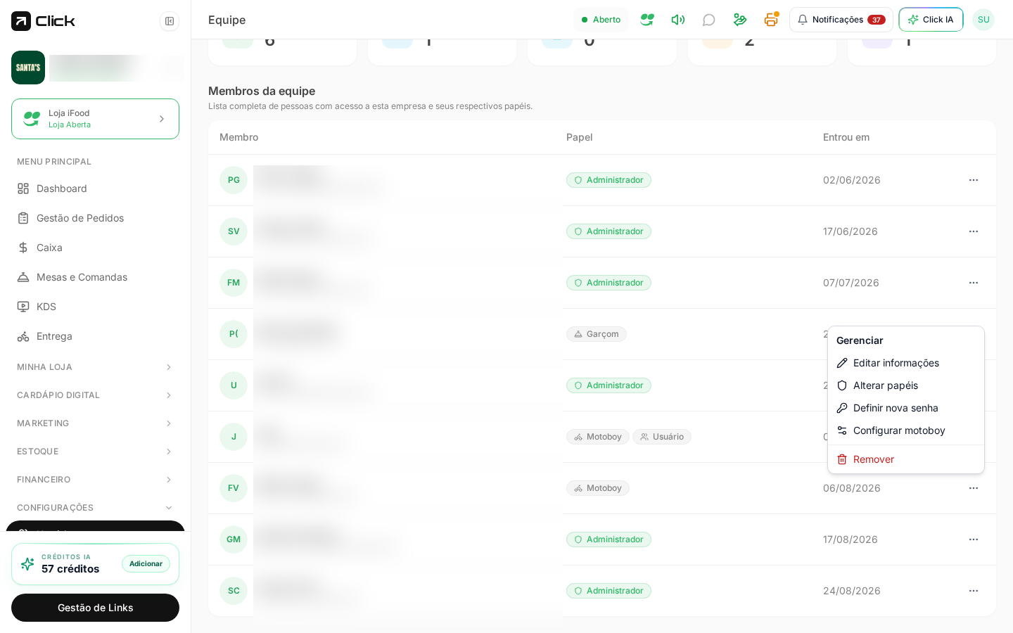 Menu Gerenciar aberto na linha de um membro com as opções Editar informações, Alterar papéis, Definir nova senha, Configurar motoboy e Remover