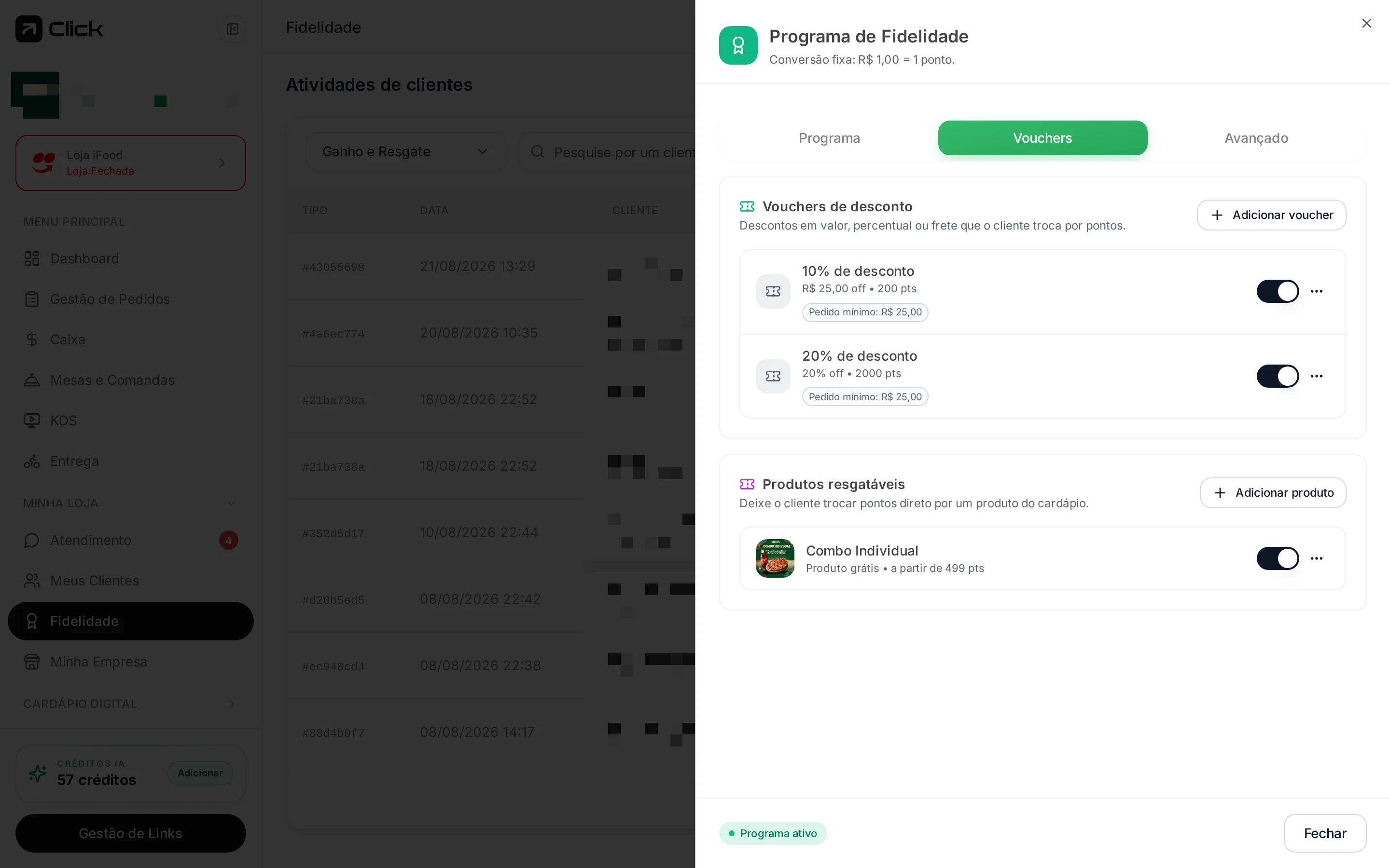 Lista de vouchers ativos e produtos resgatáveis