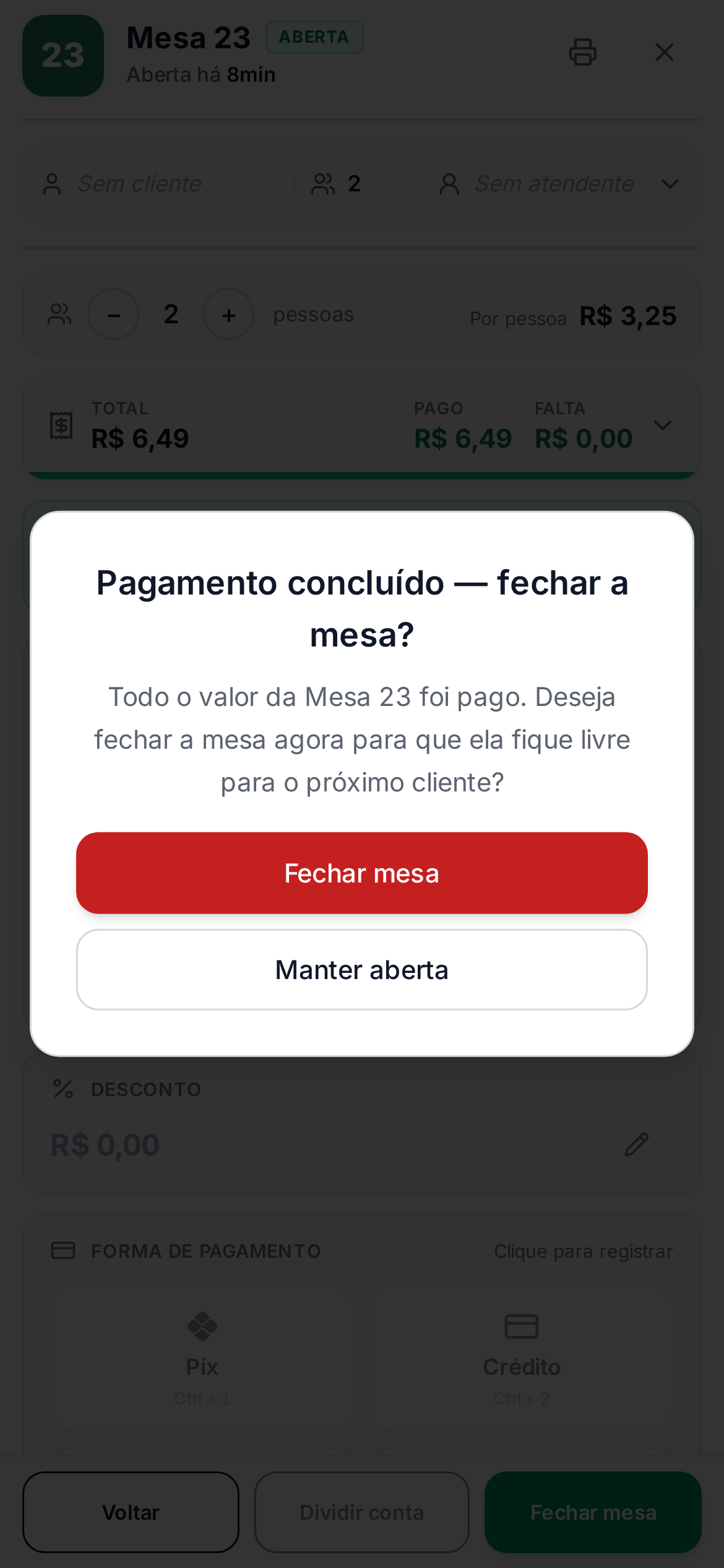 Confirmação de fechamento da mesa no celular