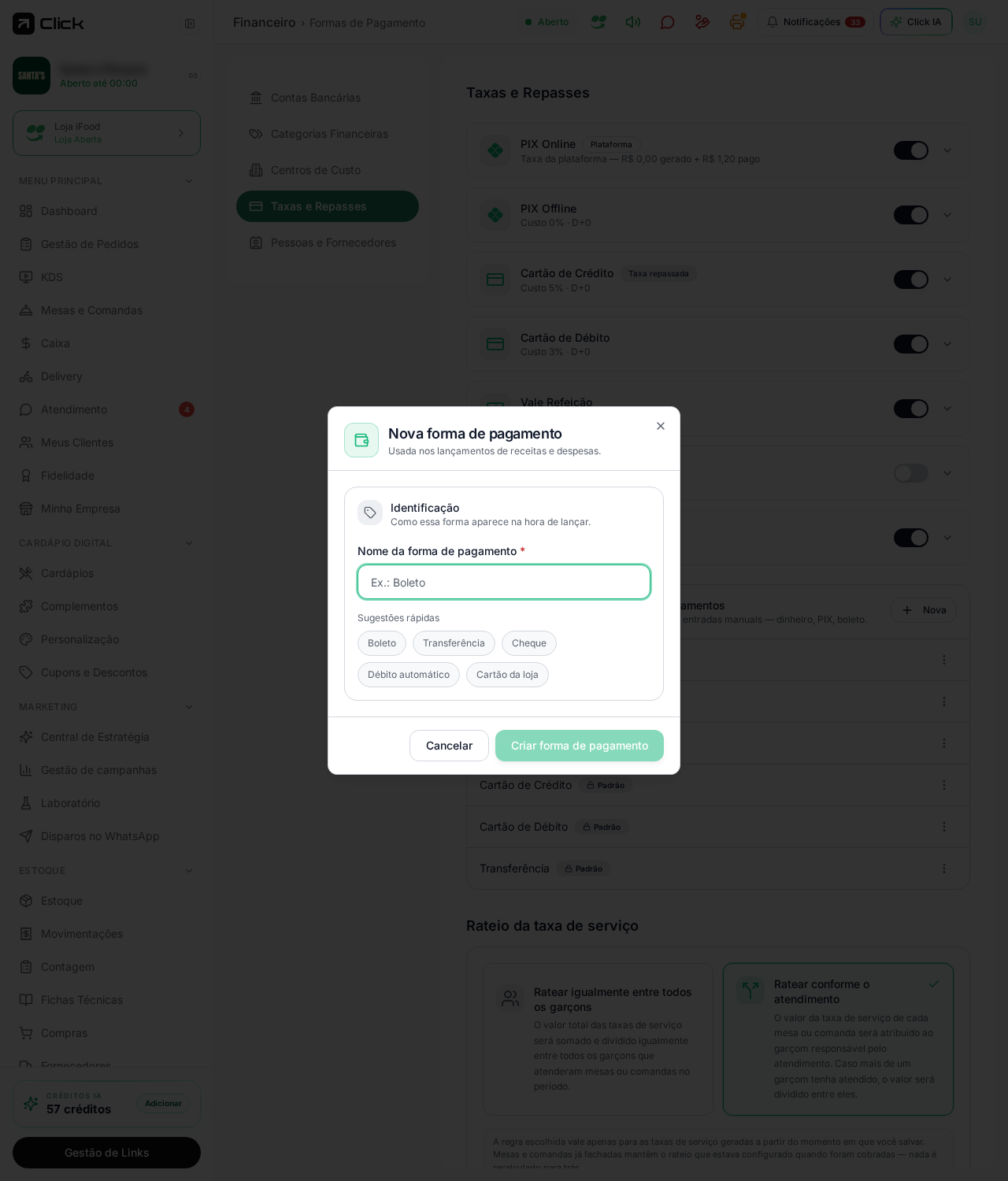Modal Nova forma de pagamento com nome e sugestões rápidas