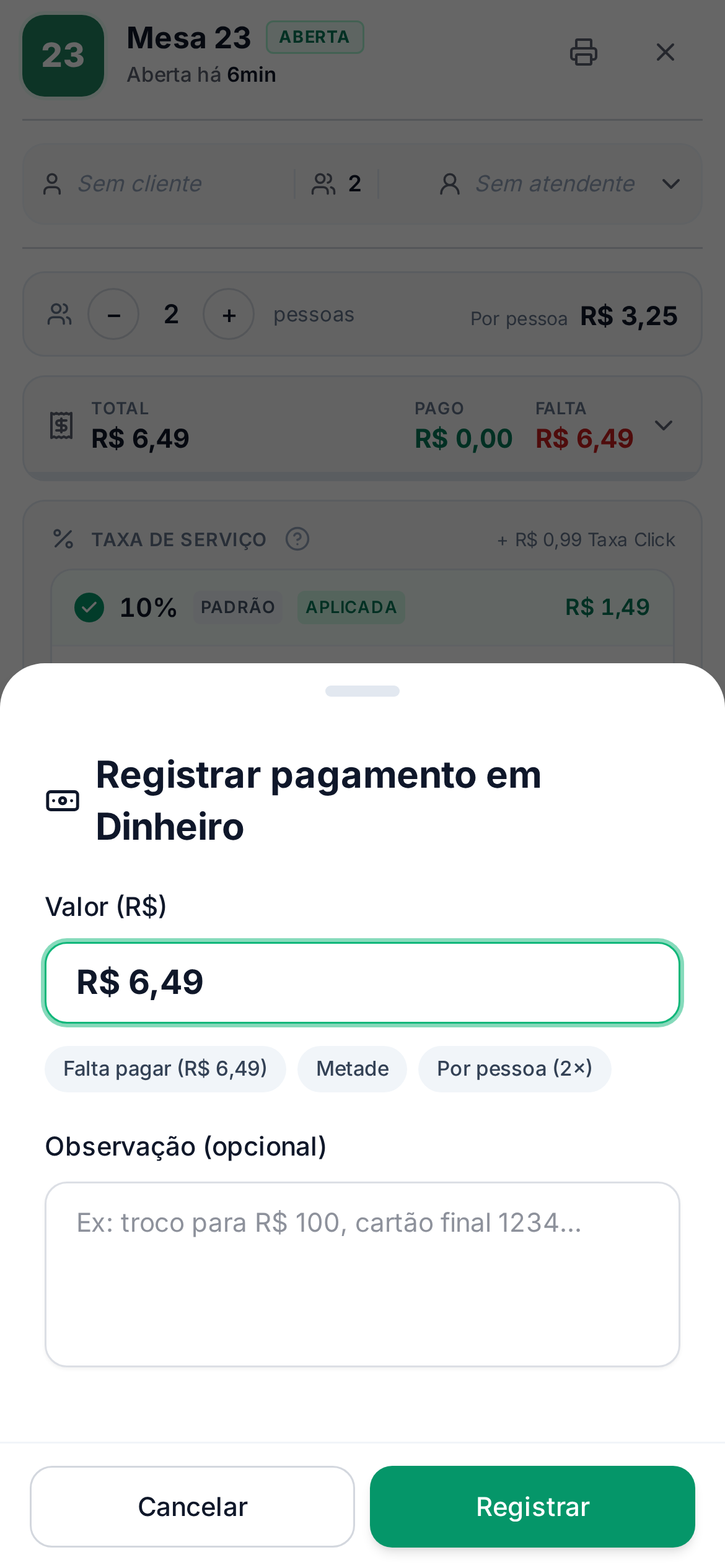 Registro de pagamento em dinheiro pelo celular