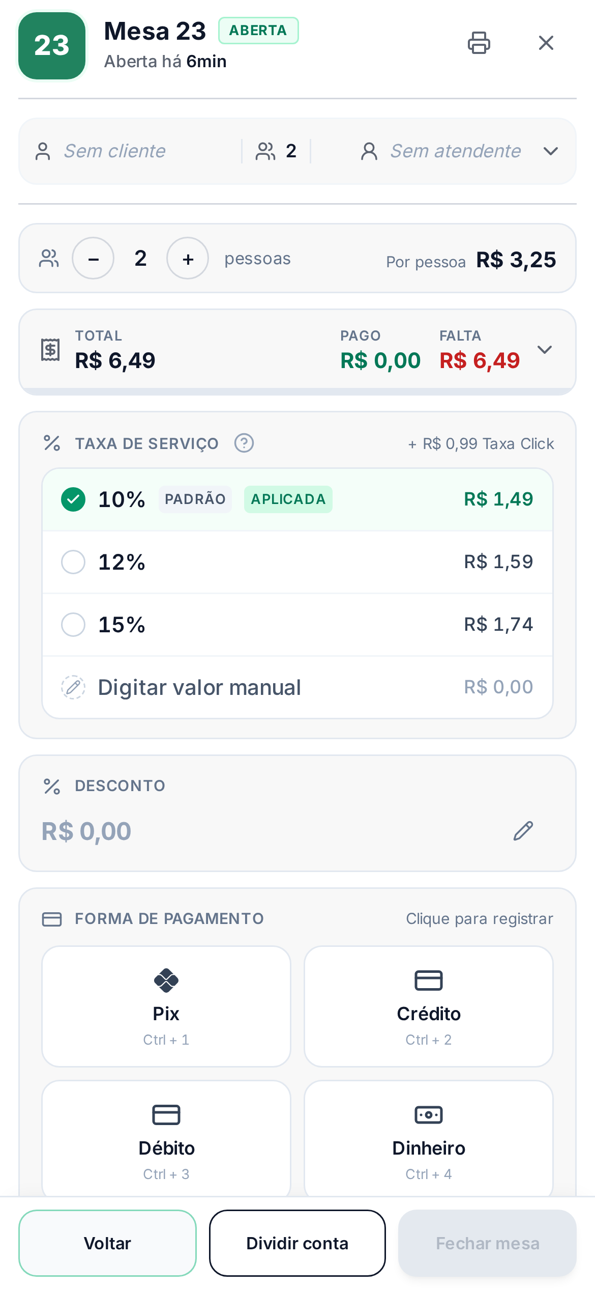 Tela de pagamento da mesa no celular