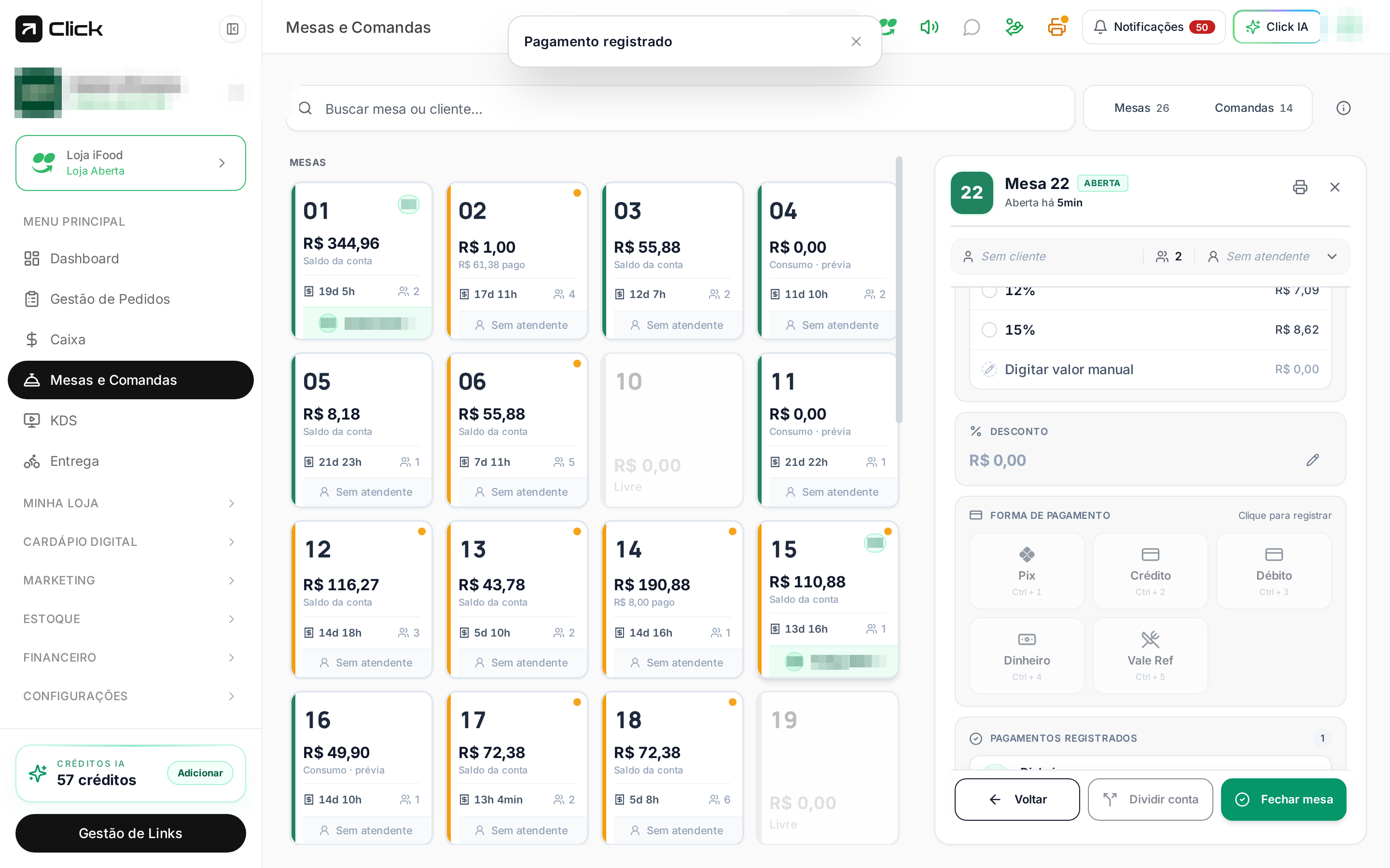 Pagamento registrado na conta da mesa com o saldo atualizado