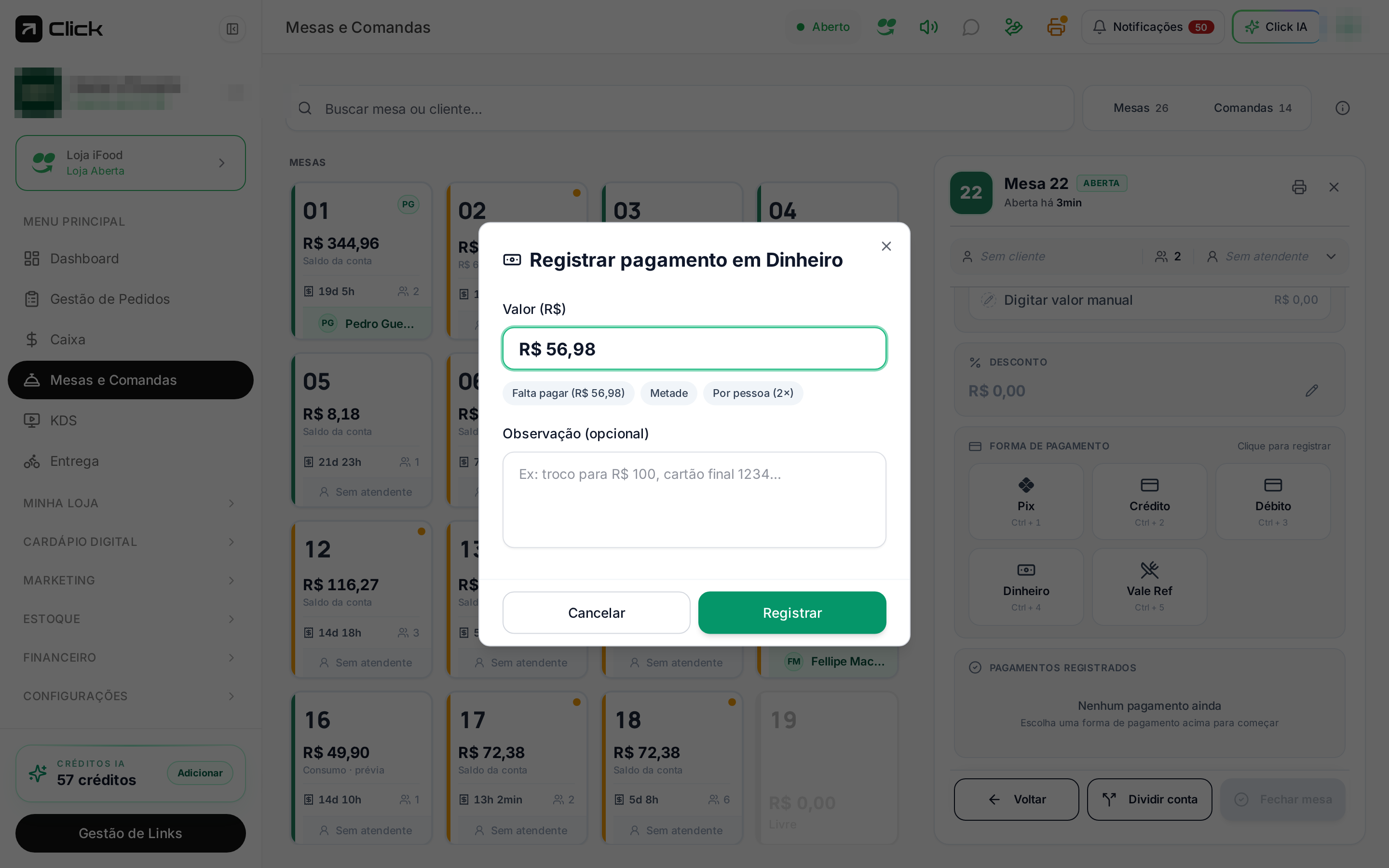 Formas de pagamento disponíveis para registrar o recebimento da mesa
