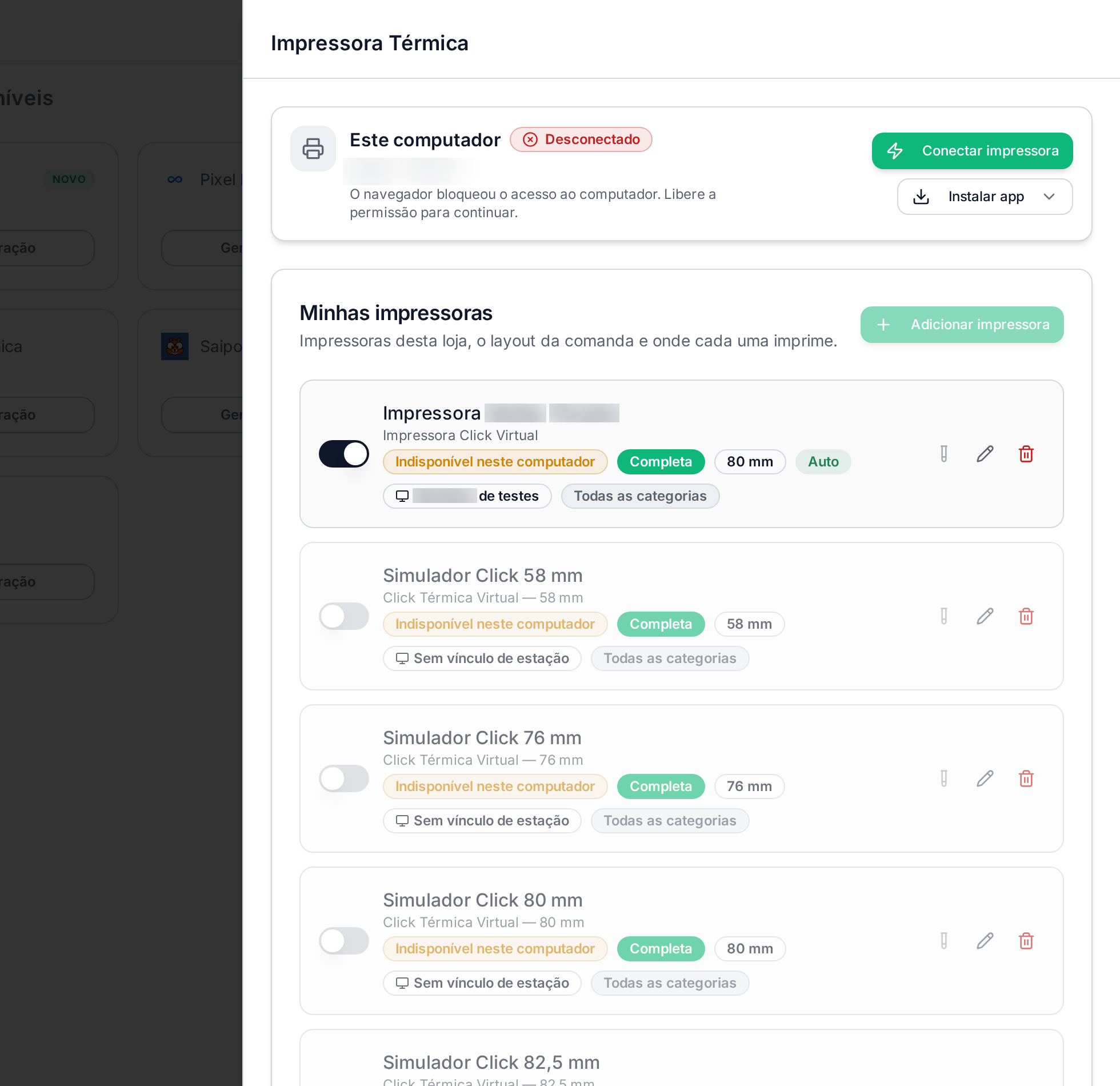Painel Impressora Térmica com o status Este computador e a lista Minhas impressoras