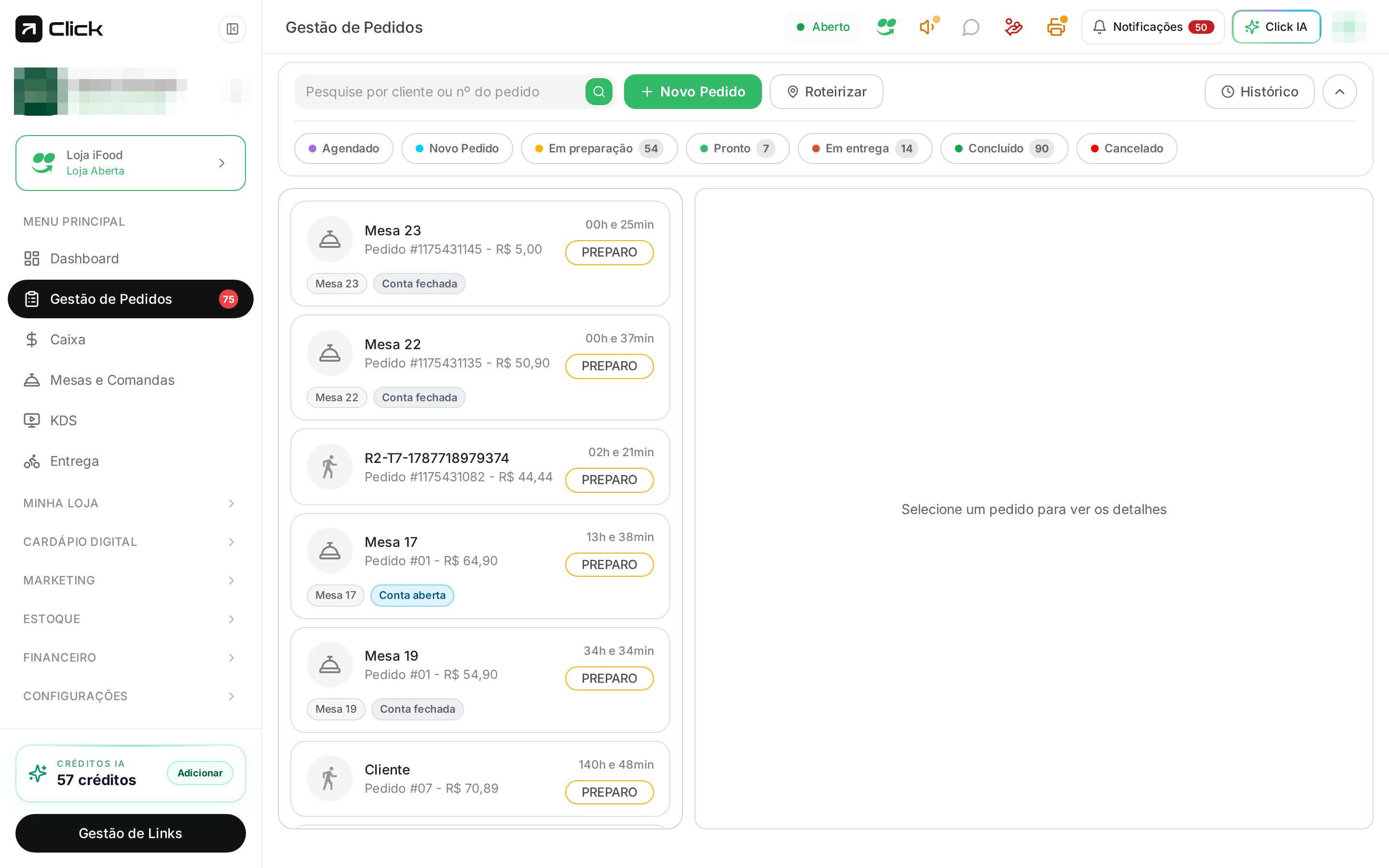 Tela de Gestão de Pedidos com a lista de pedidos em andamento e os filtros por status