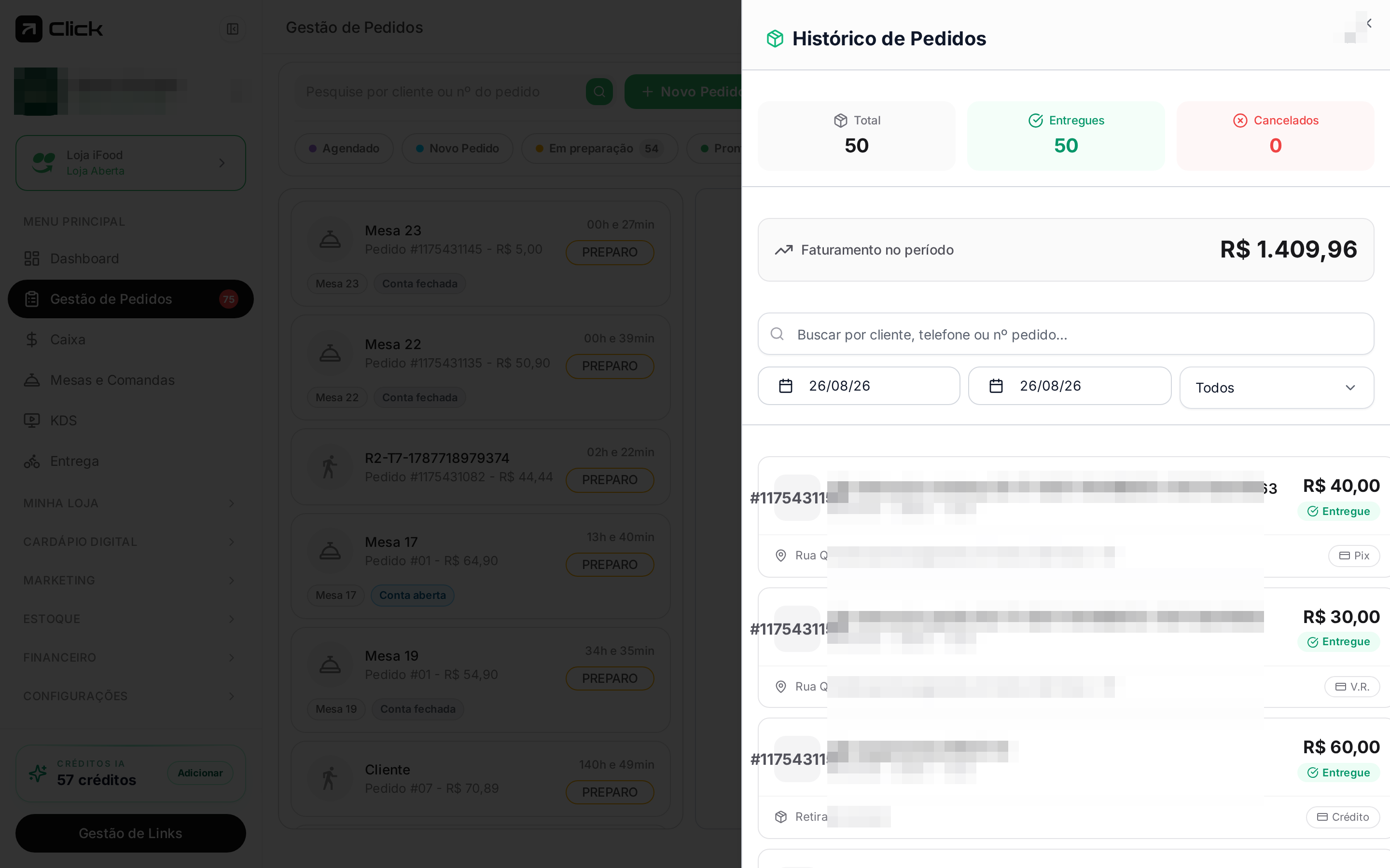 Painel de Histórico de Pedidos com contadores, faturamento e filtros de período