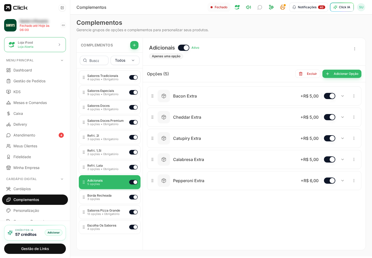 Detalhe do grupo de complementos