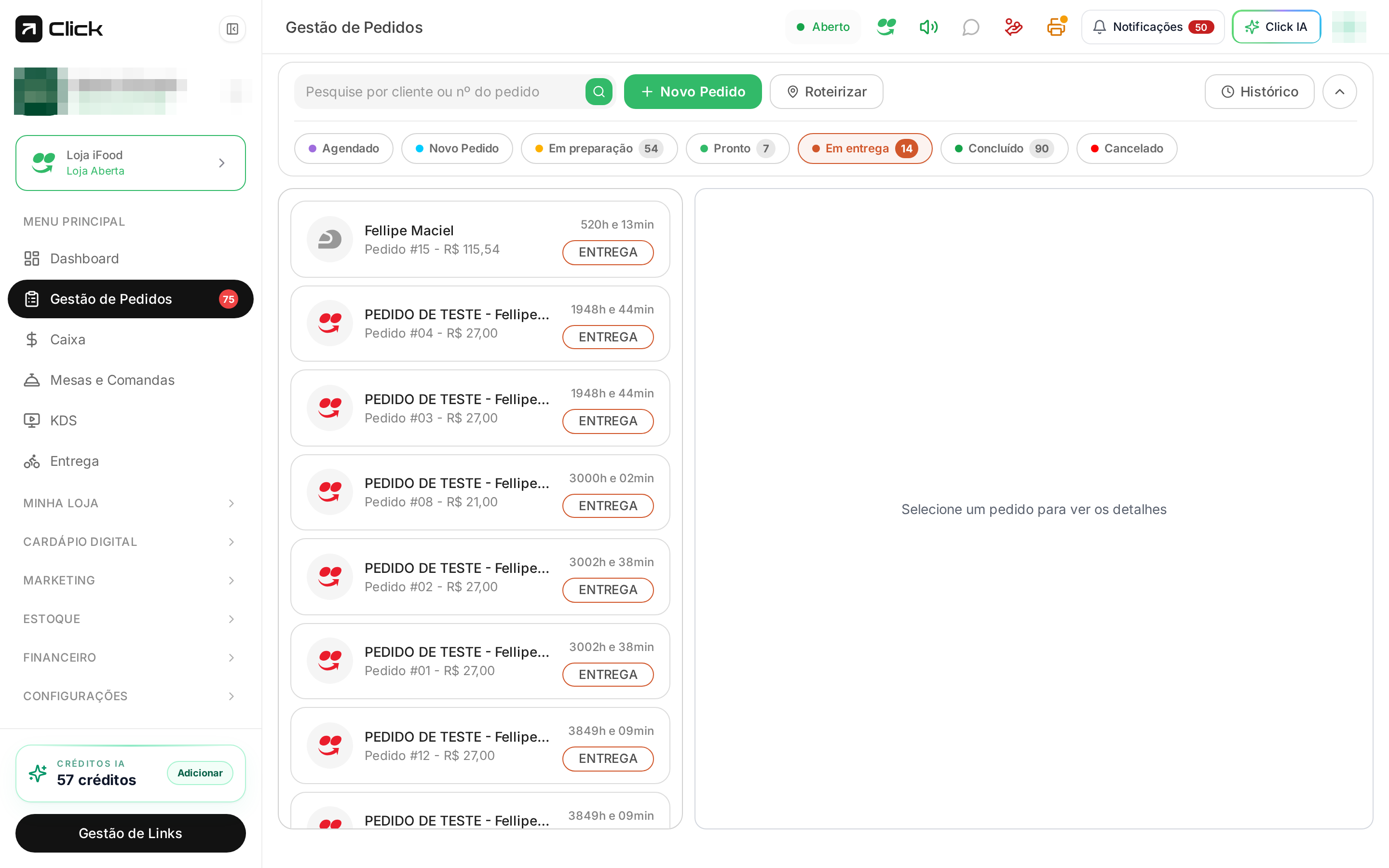 Barra de status usada como filtro na Gestão de Pedidos